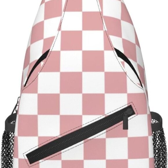 Water-Resistant Pink and White Checkered Sling Backpack - Ideal for Everyday Use - Picture 1 of 7